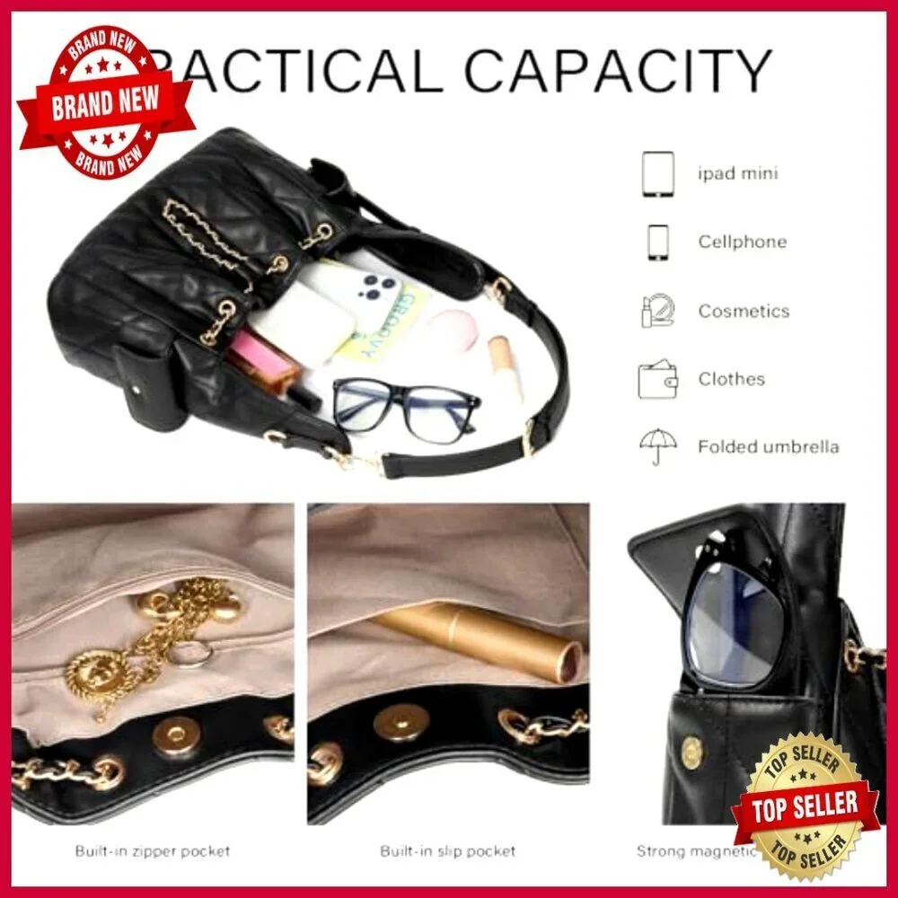 Quilted Vegan Leather Hobo Bag Adjustable Strap Tote Purse Women